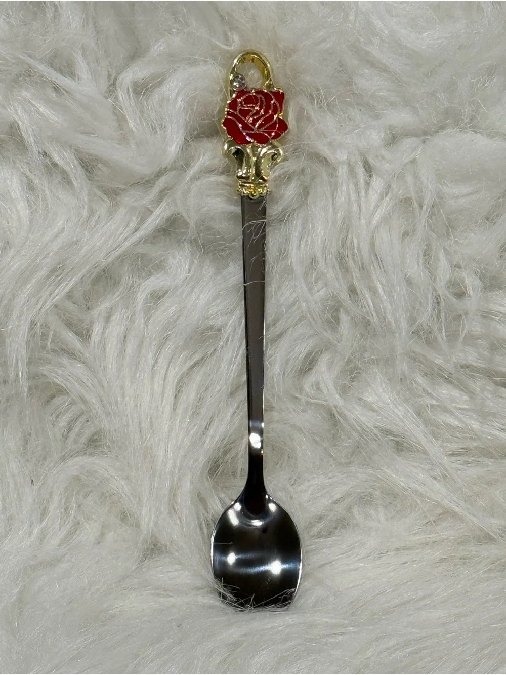 Vintage Red Rose Decorative Iced Tea Souvenir Spoon Gold Silver Tone Enamel